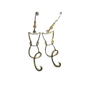 Gold Tone Cat Silhouette Dangle Earrings Minimalist Open Outline